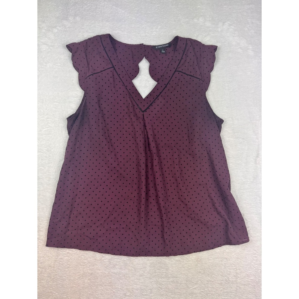 41 Hawthorn Plum Purple Polka Dot Flutter Sleeve Scallop Back Blouse XL